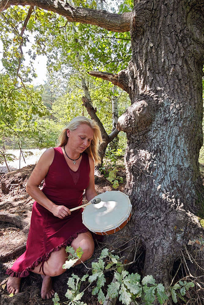 Baum-Meditation: Person sitzend am Baum mit Trommel